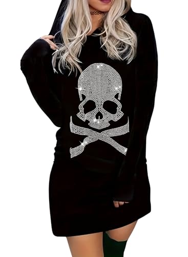 EVELUST Gothic Kleidung Damen Punk Kostüm - Totenkopf Sweatshirt Gruselig Skelett Hexenkostüm Top Hoodie Langarm Y2k Oberteil(Black,S,11561w) von EVELUST