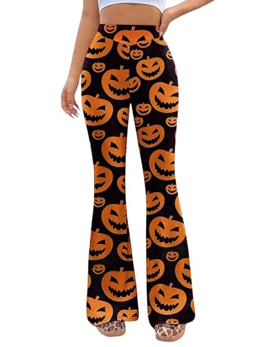 EVELUST Kürbis Geist Schlaghose Für Damen - Halloween Leggings Mode Stretch High Waist Hosen Schlank Palazzo Hose Disco Kostüm Yogahose Rave Festival Outfit(BlackOrange, M, 1097w) von EVELUST