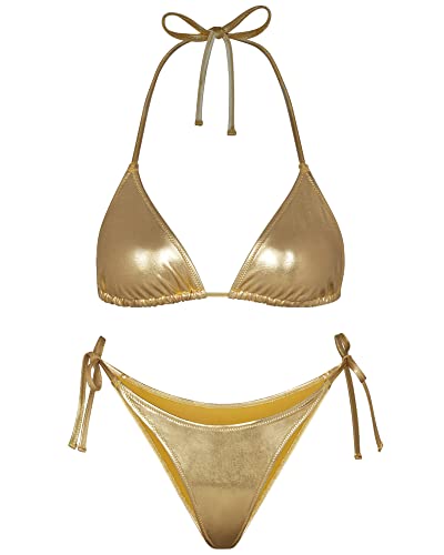 EVELUST Metallic Bikini für Damen – Retro Glänzend Silber Gold Badeanzüge Badeanzug Dreieck Tops Seitliche Krawatte Tanga Bottom Set(Gold,M,1026w) von EVELUST