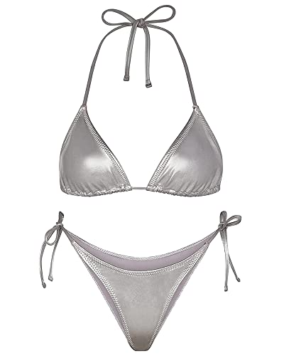 EVELUST Metallic Bikini für Damen – Retro Glänzend Silber Gold Badeanzüge Badeanzug Dreieck Tops Seitliche Krawatte Tanga Bottom Set(Silver,L,1026w) von EVELUST