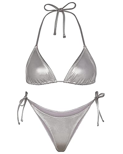 EVELUST Metallic Bikini für Damen – Retro Glänzend Silber Gold Badeanzüge Badeanzug Dreieck Tops Seitliche Krawatte Tanga Bottom Set(Silver,XS,1026w) von EVELUST