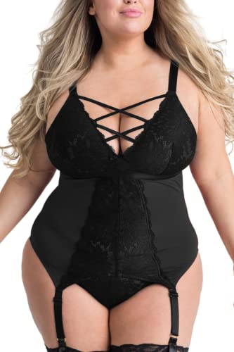 EVELUST Plus Size Dessous 3 Stück für Frauen Strumpfband Teddy Set mit Spitzen Tanga Rückenfrei Sexy Babydoll(Schwarz,3XL,955w) von EVELUST