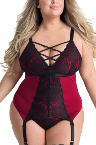 EVELUST Plus Size Dessous 3 Stück für Frauen Strumpfband Teddy Set mit Spitzen Tanga Rückenfrei Sexy Babydoll(SchwarzRot,2XL,955w) von EVELUST