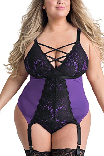 EVELUST Plus Size Dessous 3 Stück für Frauen Strumpfband Teddy Set mit Spitzen Tanga Rückenfrei Sexy Babydoll(SchwarzViolett,2XL,955w) von EVELUST