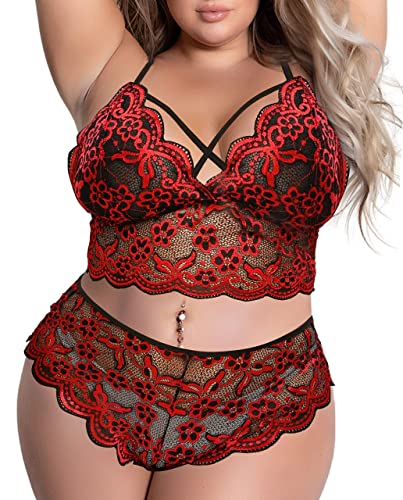 EVELUST Sexy Dessous Set für Frauen Große Größen Reizwäsche Damen V-Ausschnitt Hohe Taille Blumenspitze Criss Cross BH und Slip 2 Stück Set Riemchen Unterwäsche L-4XL(Red,2XL,885w) von EVELUST