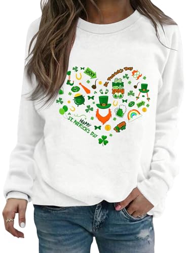 EVELUST St. Patricks Day Damen Sweatshirt - Irland Grün Vierblättriges Kleeblatt Shamrock Glücksbringer Outdoor Pullover Patrick's Outfit(White,XL,1162w) von EVELUST