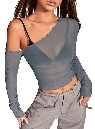 Festival Crop Mesh Top Für Damen - 70er Jahre Asymmetrischer Hals Y2K Langarm Fairycore Kleidung Rave Bluse Sheer Shirt(Gray,S,1102w) von EVELUST