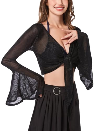 Goth Mesh Crop Top Damen Oberteil - 70er Trompetenärmel Karneval Kostüm Langarm Netzoberteil Shirt Gothic Bluse Zum Knoten Disco y2k Rave Outfit(BlackSpider,S,1087Pw) von EVELUST