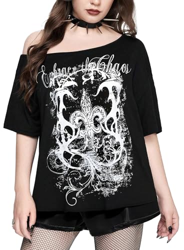 Gothic Kleidung Damen – Schulterfreies T-Shirt Punk Mit Goth Schwarzes Kurzarm T-Shirt Y2k-top Kleidung Mit Grunge-Grafik Clothes(Black,S,1165w) von EVELUST