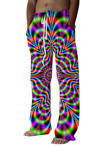 Herren Bunte Psychedelische Jogginghose - 70er 80er Hippie Karneval Kostüm Breite Beine Bequeme Freizeithose Fashion Faschings Jahre Hose Disco Mottoparty Schlaghose(Violet,L,1413w) von EVELUST
