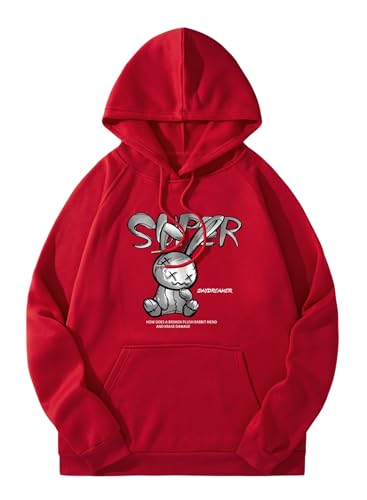 Herren Grafik Hoodie - Basic Kordelzug Kapuzenpullover Langarm Sweatshirts Cartoon Super Kaninchen Oversized Hip Hop Paare Pullover Unisex Casual Streetwear Herbst Winter(Red,XS,1408w) von EVELUST