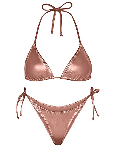 Metallic Bikini für Frauen – Retro Glänzend Silber Gold Badeanzüge Badeanzug Dreieck Tops Seitliche Krawatte Tanga Bottom Set, Champagner, Medium von EVELUST