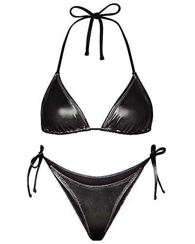 Metallic Bikini für Frauen – Retro Glänzend Silber Gold Badeanzüge Badeanzug Dreieck Tops Seitliche Krawatte Tanga Bottom Set, Schwarz, Large von EVELUST