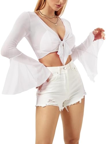 EVELUST Rave Bell Mesh Crop Top für Damen – EDC Festival Langarm Krawatte vorne durchscheinendes Hemd Rüschen Fairycore Bluse Outfits, Weiss/opulenter Garten, Groß von EVELUST