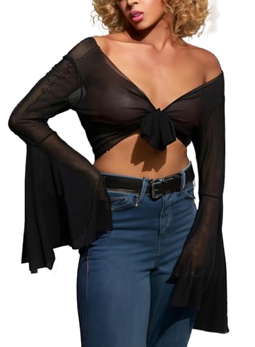 Damen 70er Jahre Trompetenärmel Mesh Oberteil - Karneval Kostüm Hippie Langarm Netzoberteil Shirt Goth Crop Top Bluse Zum Knoten Swimwear Coverups Disco Club Rave Outfit(Black,L,1087w) von EVELUST
