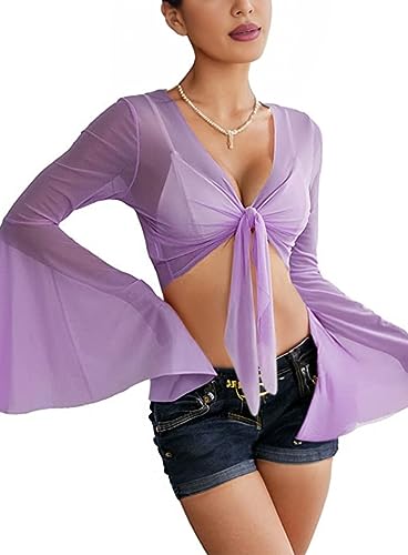 Rave Bell Mesh Crop Top für Frauen - 70er Jahre Langarm Krawatte vorne Sheer Shirt Rüschen Fairycore Bluse Festival Outfits, Violett, Klein von EVELUST