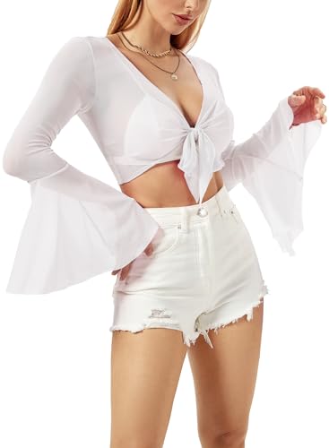 Rave Bell Mesh Crop Top für Frauen - 70er Jahre Langarm Krawatte vorne Sheer Shirt Rüschen Fairycore Bluse Festival Outfits, Weiss/opulenter Garten, Klein von EVELUST