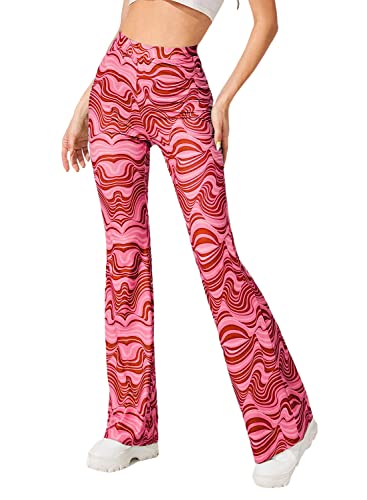 Rave-Schlaghose für Damen – EDC 70er Jahre weites Bein Flair Leggings Disco Festival Outfits Hohe Taille Glockenhose, Pink, X-Klein von EVELUST