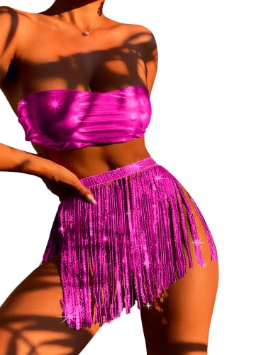 Rave Outfits für Damen, 3-teiliges Bikini-Set Quasten Rock Metallic-Badeanzug Holografisches Bandeau-Oberteil Badeanzüge für Festivals(Rose,M,1005w) von EVELUST