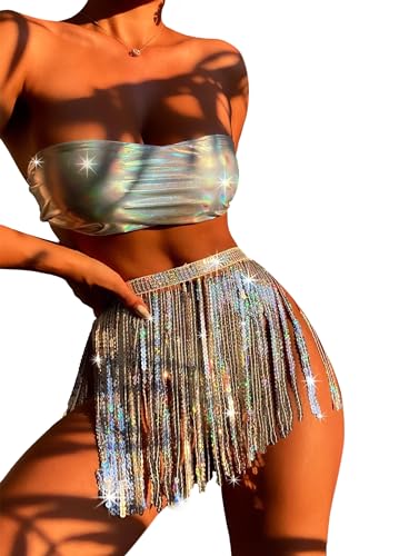 Rave Outfits für Damen, 3-teiliges Bikini-Set Quasten Rock Metallic-Badeanzug Holografisches Bandeau-Oberteil Badeanzüge für Festivals(Silver,M,1005w) von EVELUST