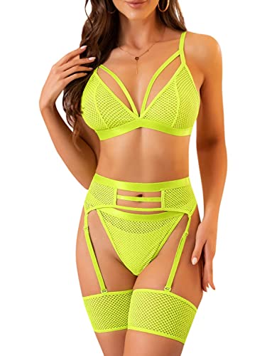 Sexy Dessous-Set für Damen, Spitzen-Riemchen-Fischnetz-BH und hoch taillierte Höschen-Sets, transparente Netzunterwäsche mit Strumpfhaltern, Hosenträgern, 3-teilige, Nachtwäsche(Neongreen,2XL,981w) von EVELUST