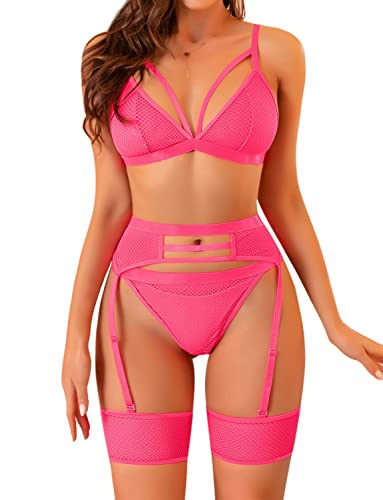 Sexy Dessous-Set für Damen, Spitzen-Riemchen-Fischnetz-BH und hoch taillierte Höschen-Sets, transparente Netzunterwäsche mit Strumpfhaltern, Hosenträgern, 3-teilige, freche Nachtwäsche(Pink,XS,981w) von EVELUST