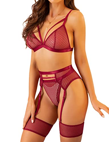 Sexy Dessous-Set für Damen, Spitzen-Riemchen-Fischnetz-BH und hoch taillierte Höschen-Sets, transparente Netzunterwäsche mit Strumpfhaltern, Hosenträgern, 3-teilige, freche Nachtwäsche(Wine,L,981w) von EVELUST