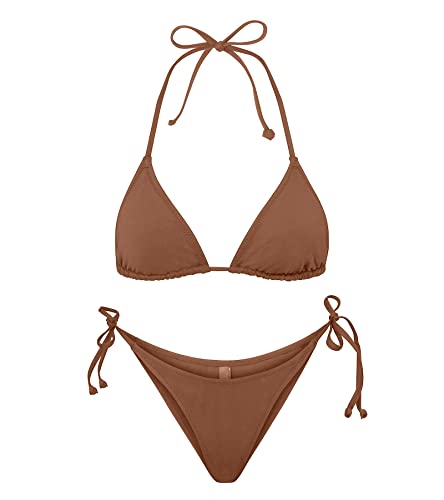 Triangel-Bikini für Frauen – Strand Sexy String Badeanzug Neckholder Top Krawatte Seite Tanga Bottom Badeanzug 2-teiliges Set, Braun, S von EVELUST