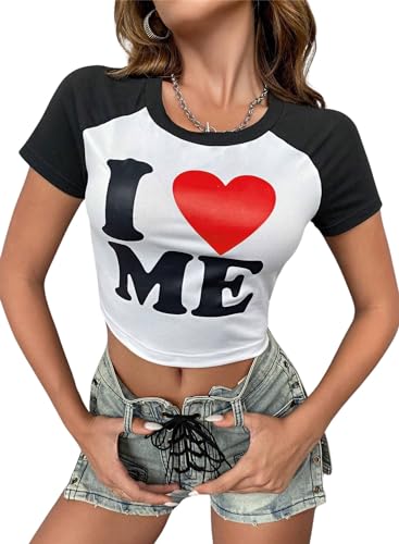 Y2k Crop Tops für Frauen – "I Love Heart" Grafik-T-Shirt Fee Grunge Teen Mädchen Outfits Sommer süße Kleidung Baby T-Shirts, Weiß, Schwarz, Klein von EVELUST