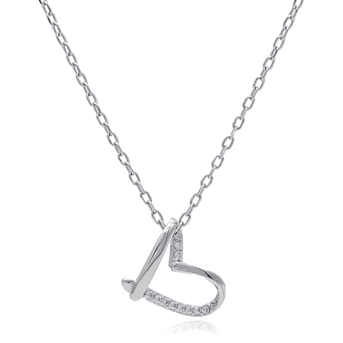 Evensee Halskette Damen Silber 925, Geneigte Liebe Halskette, Rhodium Plattiert Herzanhänger, 925 Sterling Silber Chain, Modischer Schmuck Collier, Geschenk für Frauen von Evensee