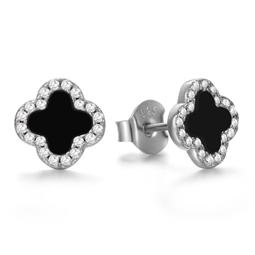 Evensee Vierblättrige Kleeblatt Ohrstecker schwarzer Onyx Ohrringe Silber 925 für Damen,Hypoallergene Schwarze Klee Perlmutt Ohrstecker,Mode Schmuck Edle Geschenke für Frauen von Evensee
