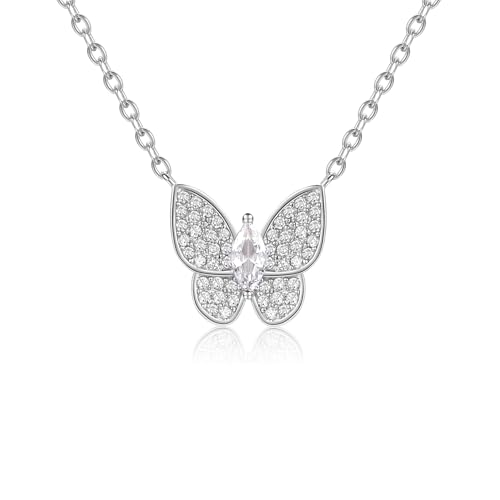 Evensee Schmetterling Halskette Damen Silber 925, Ketten Mit Schmetterling Anhänger Personalisierte Schmuck, Kristall Körper & Zirkon Flügel, Weißgold Necklace Geschenke Für Frauen und Mädchen von Evensee
