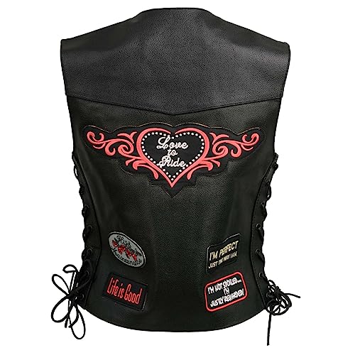 EVENT LEATHER ELL4900 Damen-Lederweste 'Love to Ride'. Motorrad-Patches, gestickt, mit seitlicher Schnürung, Schwarz, Größe XS von EVENT LEATHER