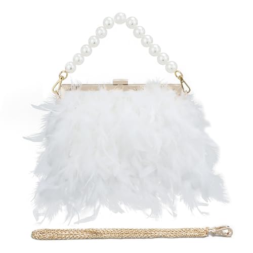 EVEOUT Damen Elegante Feder Abend Handtasche Clutch mit Perlen-Handkette Mode Umhängetasche für Party Abschlussball Hochzeit Brauttasche Geldbörse von EVEOUT