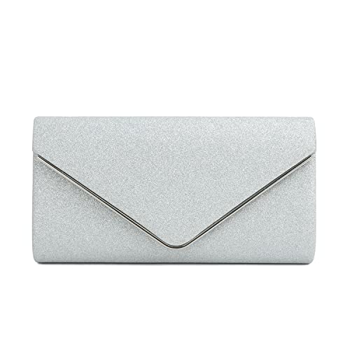 EVEOUT Damen Abend Clutch Funkeln Handtasche mit Kette Elegante Brautumhängetasche mit Umschlag Hochzeit Party Abschlussball Geldbörse Silber von EVEOUT
