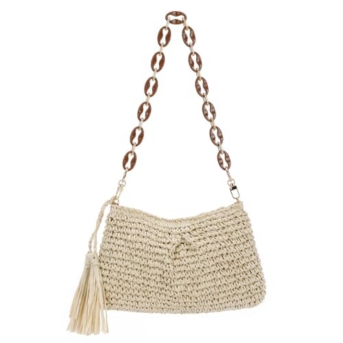 EVEOUT Damen Raffia Schultertasche Sommer Boho Chic Strohtasche mit Acryl Schulterkette für Strand Urlaub Gewebte Tote Tasche von EVEOUT