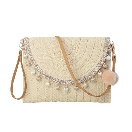 EVEOUT Damen Stroh Clutch Handtasche mit Schultergurte Sommer Gewebte Stroh Schultertaschen Umhängetaschen für Strand Urlaub Reisen Hochzeitstasche von EVEOUT