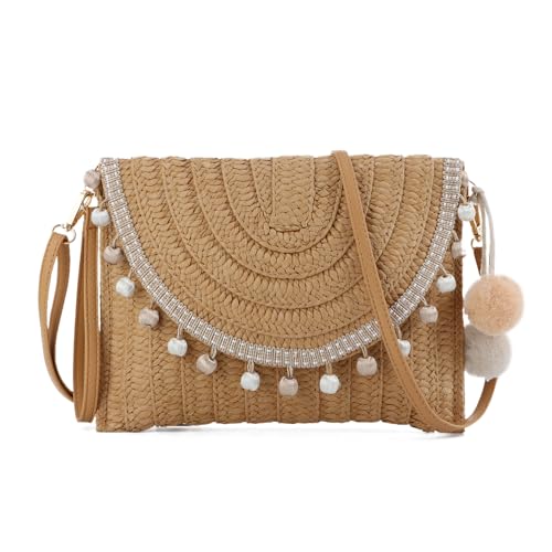 EVEOUT Damen Stroh Clutch Handtasche mit Schultergurte Sommer Gewebte Stroh Schultertaschen Umhängetaschen für Strand Urlaub Reisen Hochzeitstasche von EVEOUT