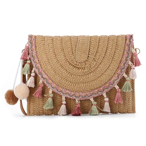 EVEOUT Damen Stroh Clutch Handtasche mit Schultergurte Sommer Gewebte Stroh Schultertaschen mit Quasten Umhängetaschen für Strand Urlaub Reisen Hochzeitstasche von EVEOUT