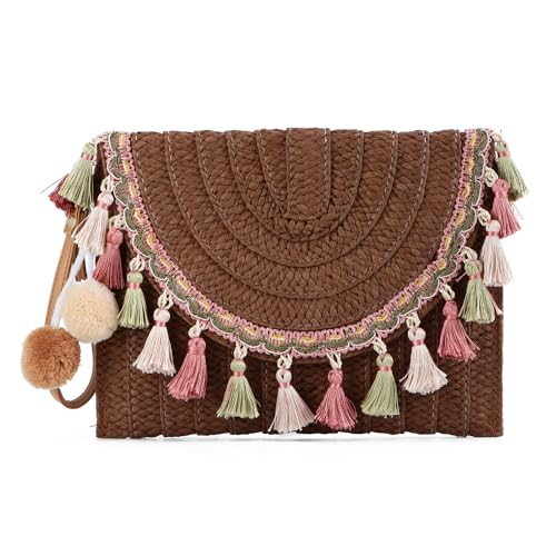 EVEOUT Damen Stroh Clutch Handtasche mit Schultergurte Sommer Gewebte Stroh Schultertaschen mit Quasten Umhängetaschen für Strand Urlaub Reisen Hochzeitstasche von EVEOUT