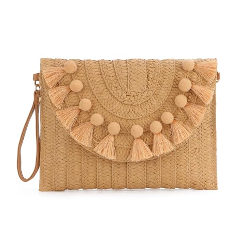 EVEOUT Damen Stroh Clutch Handtasche mit Schultergurte Sommer Gewebte Stroh Schultertaschen mit Quasten Umhängetaschen für Strand Urlaub Reisen Hochzeitstasche von EVEOUT