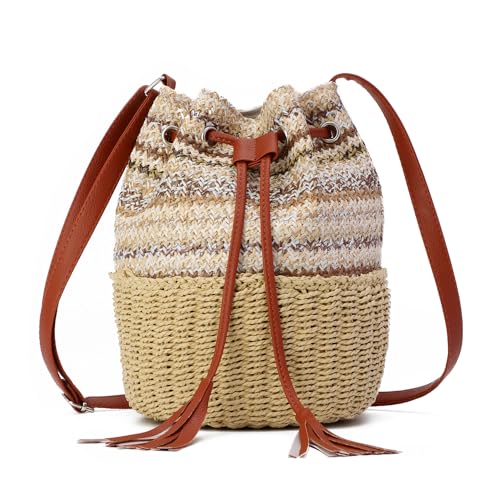 EVEOUT Damen Stroh Eimertasche Umhängetasche Sommer Kordelzug Körbchen Strand Schultertaschen Gewebte Handtasche für Urlaub von EVEOUT