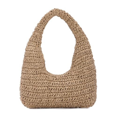 EVEOUT Damen Stroh Schultertasche Sommer Boho Strohtasche für Arbeit Strand Urlaub Gewebte Raffia Tote Tasche Shopper Tragetasche von EVEOUT