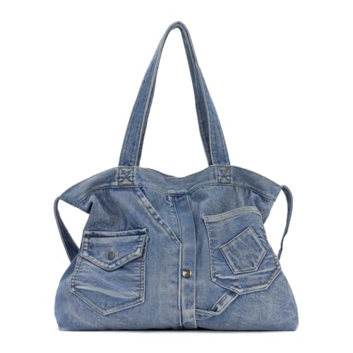EVEOUT Denim Schultertasche Damen Vintage Denim Tote Tasche mit Schulterriemen Jeans Shopper Umhängetaschen für die Arbeit Urlaub Hochschule von EVEOUT