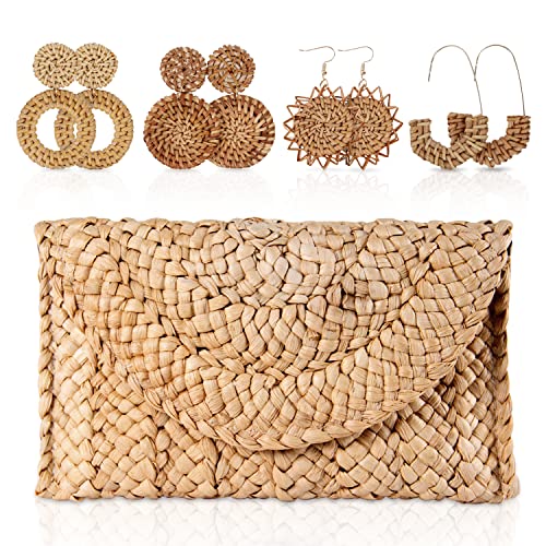 EVEOUT Handtasche aus gewebtem Stroh für Damen Vintage Clutches Brieftasche Strand Urlaubstasche (Strohhandtaschen-Set braun) von EVEOUT