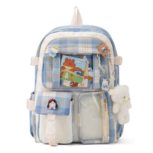 EVEOUT Karierter Kinderrucksäcke mit schönen Anhängern und Pins Zubehör Nylon Schultasche Große Kapazität Rucksack Daypacks Multipacks für Teenager Mädchen von EVEOUT