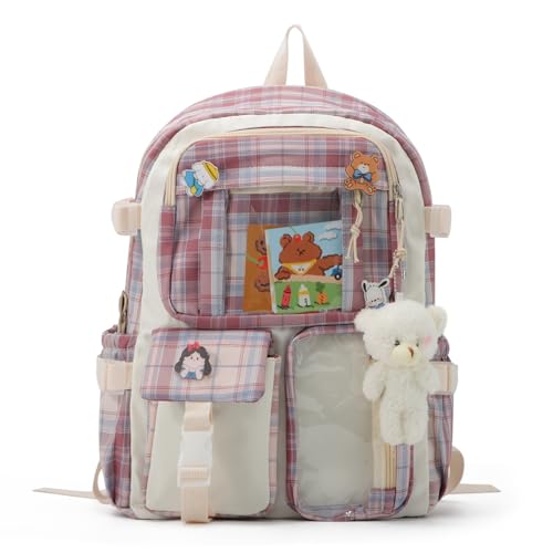 EVEOUT Karierter Kinderrucksäcke mit schönen Anhängern und Pins Zubehör Nylon Schultasche Große Kapazität Rucksack Daypacks Multipacks für Teenager Mädchen von EVEOUT