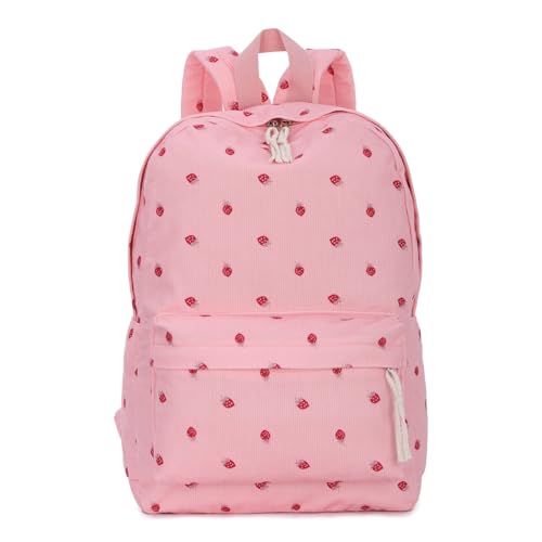 EVEOUT Kinder Rucksack aus Cord mit Erdbeer-Print Leichter Schulrucksack für Teenager Mädchen Niedliche Grund- und Mittelschultasche Büchertaschen von EVEOUT