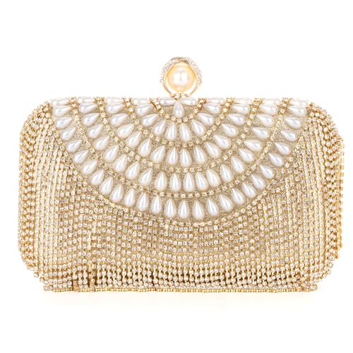 EVEOUT Perlen Clutch für Damen Handtaschen mit Kristall Elegante Perlen Hochzeitstaschen Brauttasche Strass Quaste Abendtasche Umhängetasche für Party Abschlussball von EVEOUT