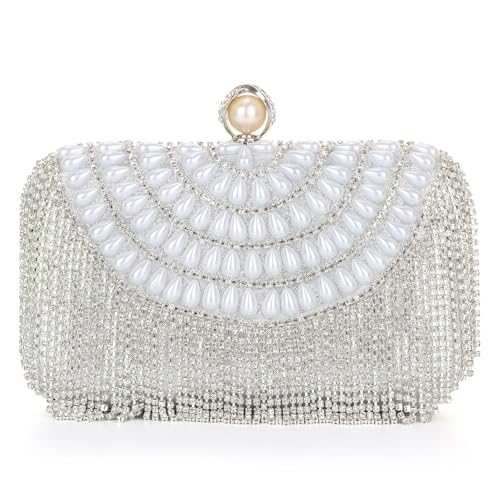 EVEOUT Perlen Clutch für Damen Handtaschen mit Kristall Elegante Perlen Hochzeitstaschen Brauttasche Strass Quaste Abendtasche Umhängetasche für Party Abschlussball von EVEOUT